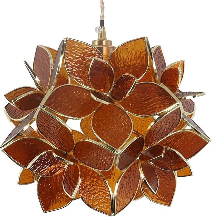 Bieye L11013 Petals Tiffany Style Stained Glass Ceiling Pendant Light for Home Decoration (Textured Amber, 12" Rose Lily)