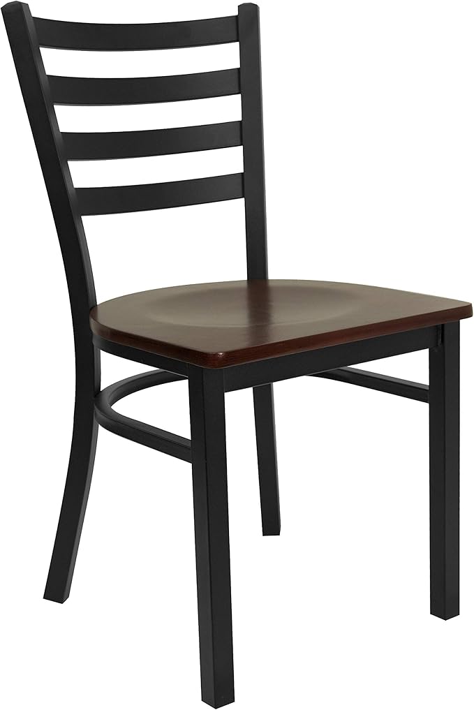 Flash Furniture HERCULES Series Black Ladder Back Metal Restaurant Chair - Mahogany Wood Seat