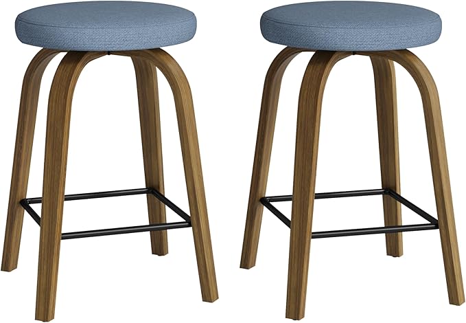 Bar Stools Set of 2, Counter Height Backless Bar Stools, 26" Swivel Barstools Kitchen Chair with Upholstered Fabric Seat, Blue