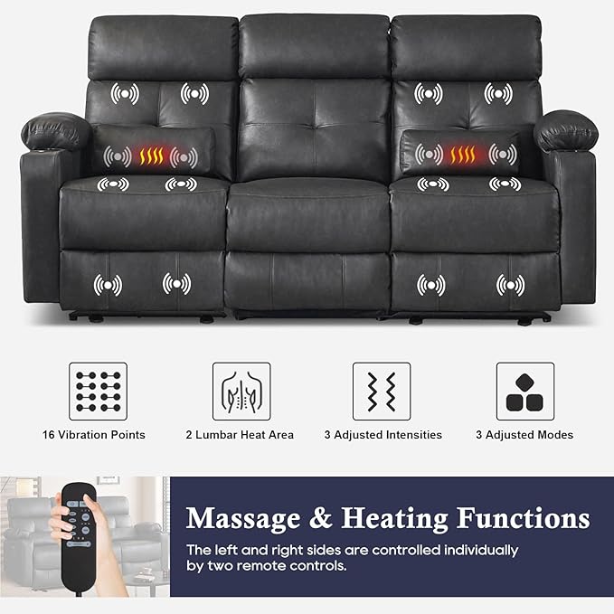 Power Reclining Sofa with Heat and Massage, Electtric Reclining Couch with Extended Footrest, Recliner Sofa 3 Seater with USB Ports, Cup Holders for Living Room, Home Seating