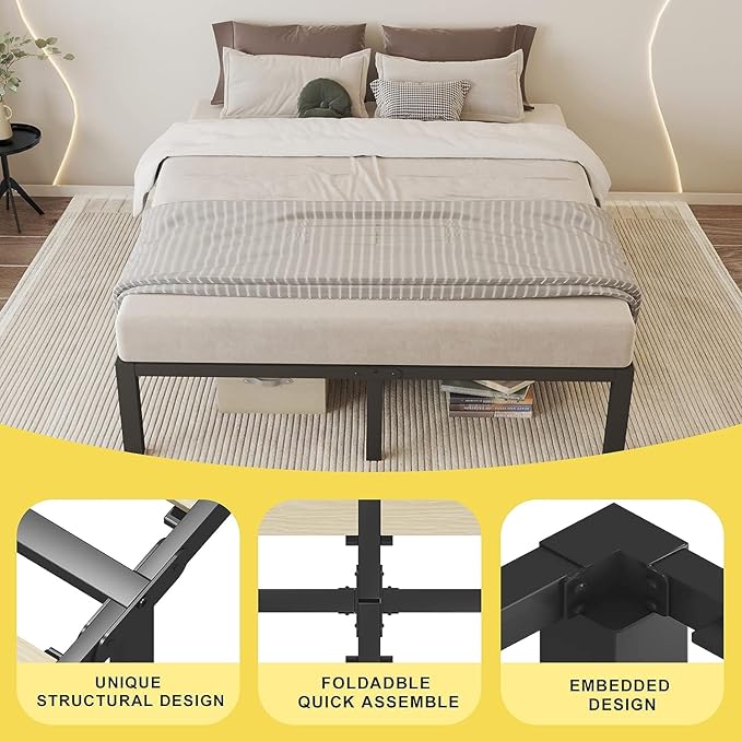 ROIL 14 inch King Bed Frames Wood with Wooden Slats - 3500lbs Heavy Duty No Box Spring Needed Metal Platform, Mattress Stoppers Iron Noise Free Bedframe, Headboard Hole Underneath Storage