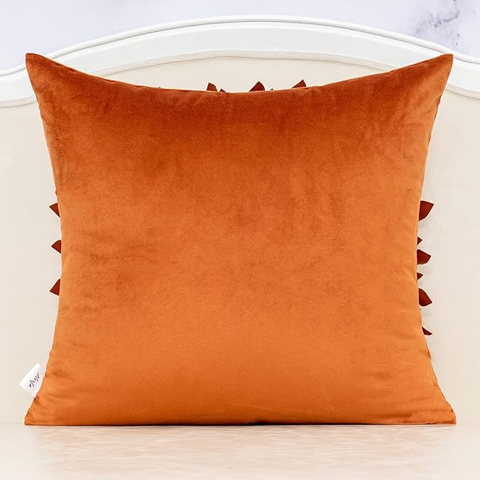 Alerfa 3D Flower Handmade Throw Pillow Cover Decorative Orange Velvet Pillowcase Cushion Cover with Hidden Zipper for Couch Bed Living Room Home Decor 18 x 18 Inches