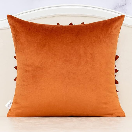 Alerfa 3D Flower Handmade Throw Pillow Cover Decorative Orange Velvet Pillowcase Cushion Cover with Hidden Zipper for Couch Bed Living Room Home Decor 18 x 18 Inches