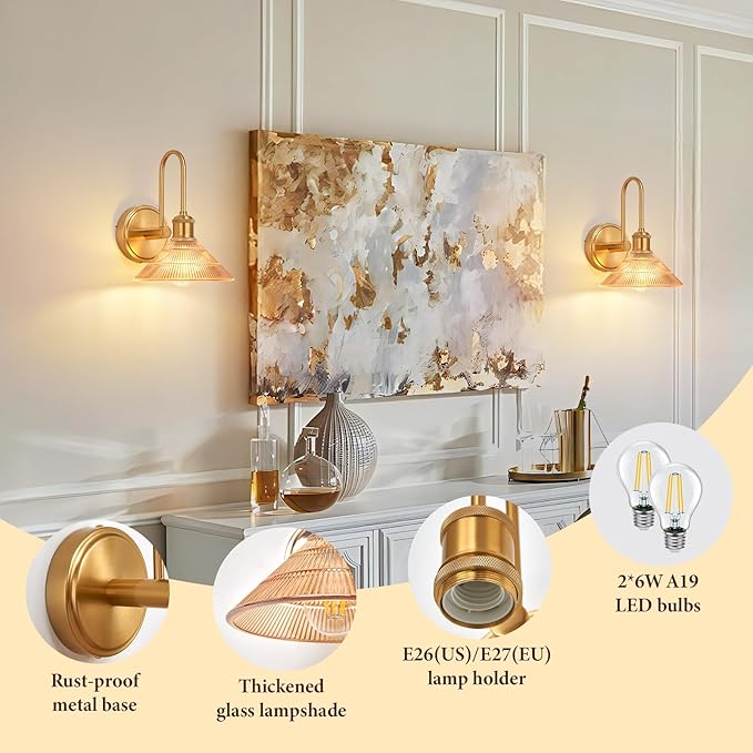 Wall Sconce Set of 2, Gold Vintage Light Fixtures with Round Amber Glass Lampshade, Hardwired Sconces Wall Lighting for Bedroom, Bathroom, Living Room | Includes 2 LED Bulbs