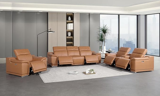 Blackjack Furniture Venice Top Grain Italian Leather Recliner 7 Seater 5 Power Reclining 3 Piece Sofa Set with Adjustable Headrests Modern Seating Sofa, Loveseat and Chair for Living Room , Cognac