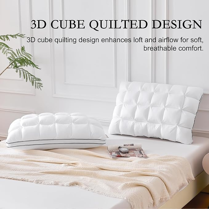 YOUR MOON Soft Support Pillow Queen Size, 100% Cotton Cover Noiseless Pillows, Fluffy Down-Alternative Pillow for Sleeping, Luxury Hotel Bed Pillows for Side Sleepers (White)