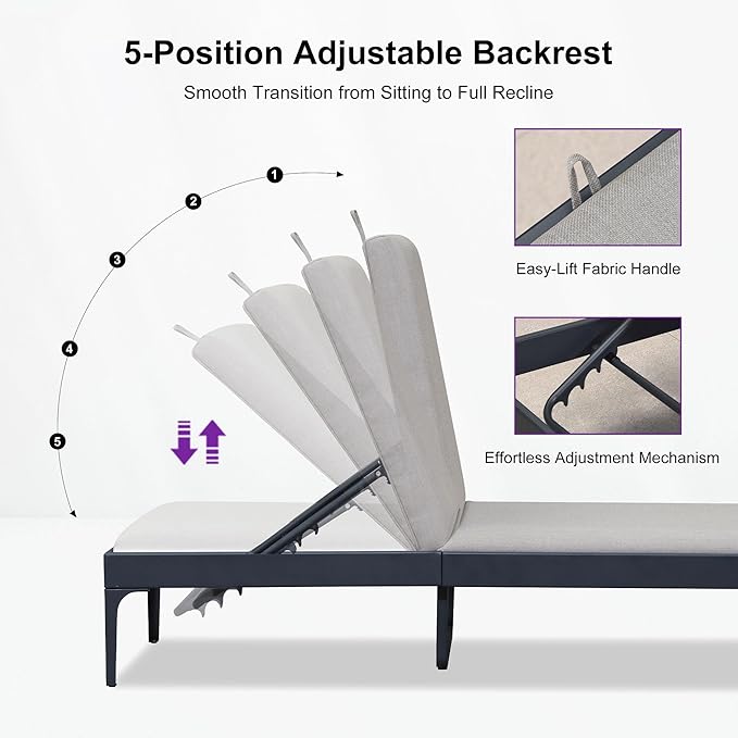 PURPLE LEAF 1 Piece Outdoor Chaise Lounge Aluminum Adjustable Patio Lounger Chair with Cushion Reclining Beach Daybed for Poolside Balcony Deck Backyard, Dark Grey