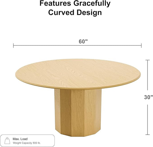 Casaphoria 60" Round Dining Table, Modern Wood Kitchen Table with Cylinder Polygonal Base for Living Room & Dining Room, Easy Assembly Farmhouse Furniture for 4-6, Oak