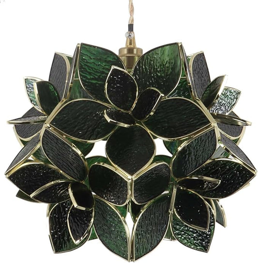 Bieye L11042 Petals Tiffany Style Stained Glass Ceiling Pendant Light for Home Decoration (Textured Deep Green, 12" Rose Lily)