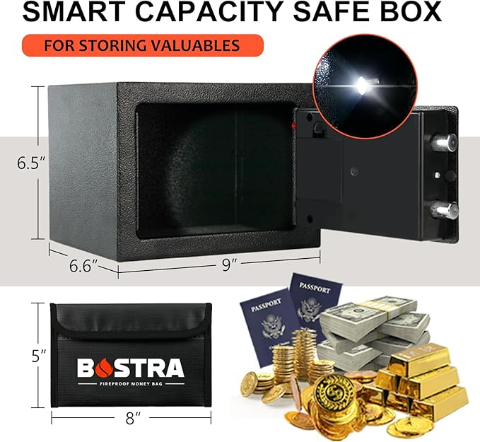 Bostra Fireproof Safe Box with Sensor Light & Fireproof Bag, Money Safe Box with Digital Keypad,Security Safe Box for Home, 0.23 Cubic Small Safe with Keys & Pass Code for Cash Jewelry Black