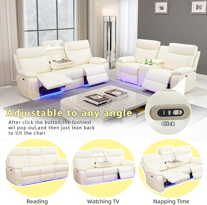A Ainehome 2 Pieces Living Room Furniture Sets, Breathable Leather Power Recliner Sofa Set, Vanilla White Leather Reclining Sofa Loveseat Couches for Living Room with LED/Storage/Cup Holders