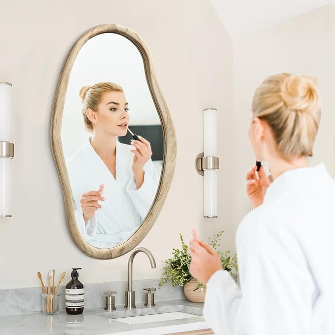 JJUUYOU Irregular Mirrors for Wall Asymmetrical Bathroom Mirror 30"x18" Wall Mounted Mirrors Horizontal or Vertical Hanging Wall Mirrors for Makeup Bathroom Bedroom Living Room Wood
