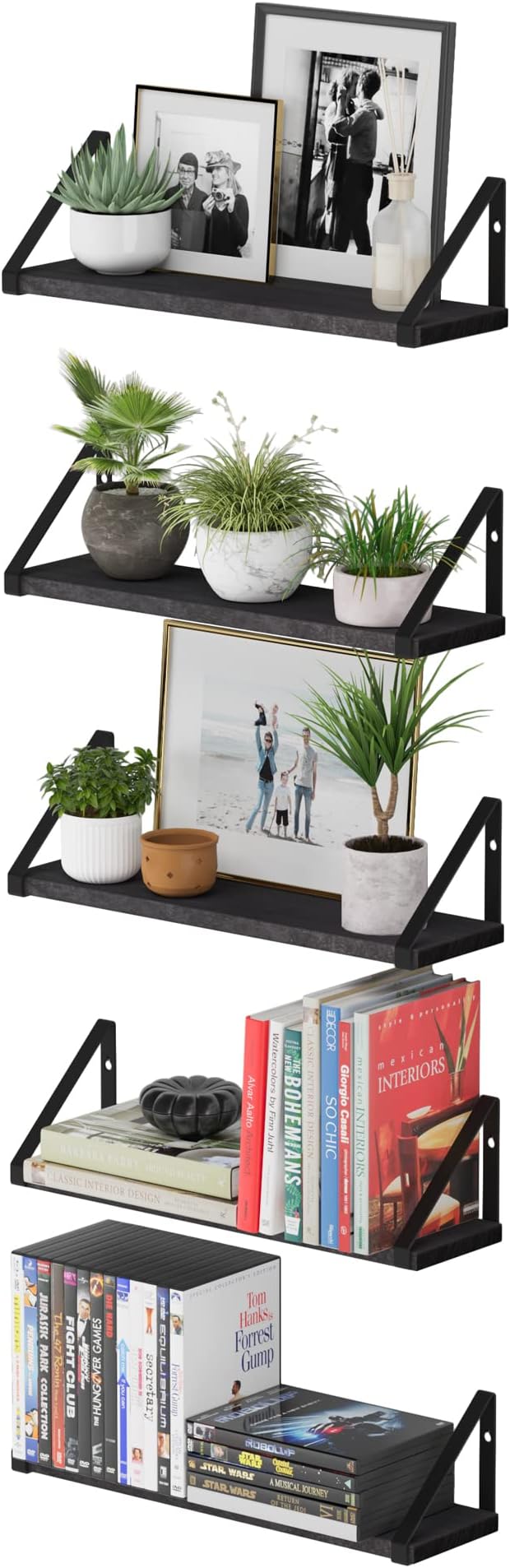 Wallniture Ponza 17'' x 4.5'' Floating Wall Shelf Bathroom, Small Wood Book Shelves for Wall Storage, Wall Mounted Shelf, Dining Room, Bedroom, Living Room, Office & Kitchen Organization, Black, 5pcs