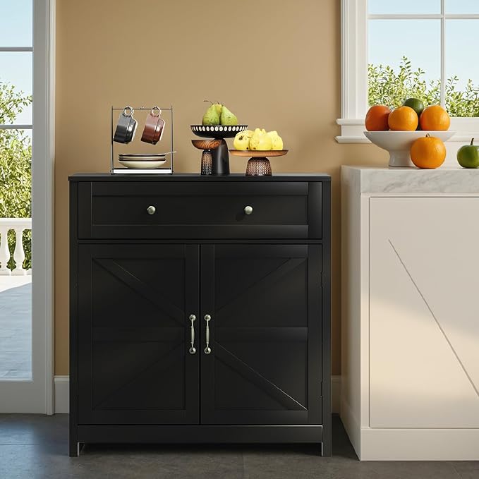 Semiocthome Farmhouse Sideboard Buffet Cabinet with Storage and Adjustable Shelf, Accent Table with Barn Door, Storage Cabinet for Kitchen, Dining Room, Bathroom, Entryway - Black