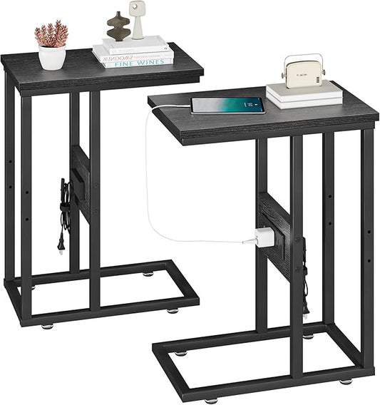 VECELO C Shaped End Table with Charging Station & Power Outlets, Quick Access Side Table for Sofa, C Bedside for Living Room Bedroom 2 Set,Black