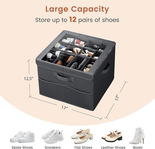 PHINOX Shoe Organizer for Closet, Fits 12-24 Pairs, Shoe Storage Bins with Clear Cover and Reinforced Handles, Foldable Shoe Storage Organizer, Space Saving Shoe Holder for Wardrobe, 2 Pack Black