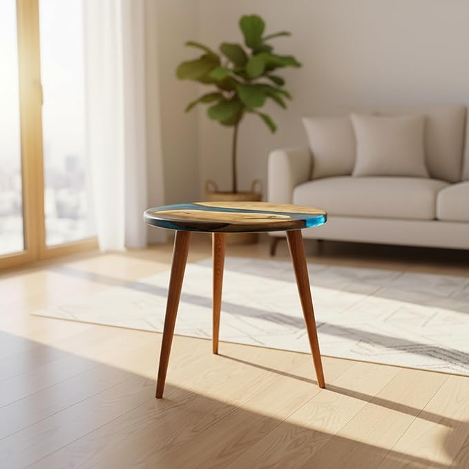 20" Resin Walnut Round Side Table | Epoxy End Table | Coffee Table | Mid Century Modern Resin Walnut | Living Room Furniture | Blue Color
