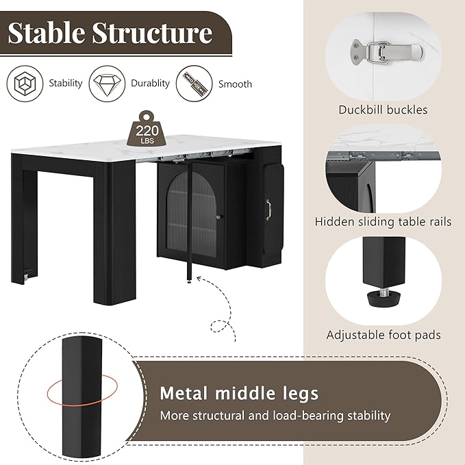 15.6" - 59" Extendable Dining Table, Mobile Kitchen Island with Storage Cabinet, Power Outlet and LED Lights, Space-Saving Dining Table for Small Spaces, Black and Marble White