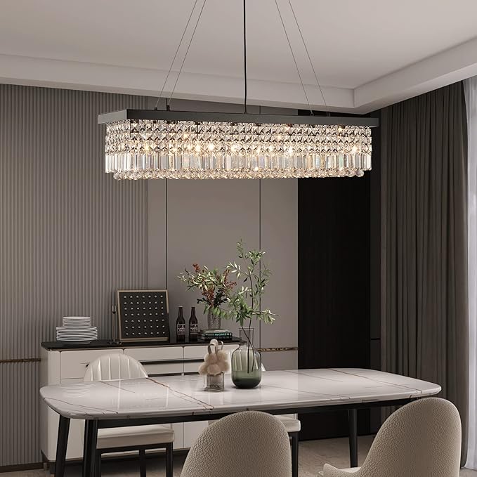 7PM Rectangle K9 Crystal Chandelier Modern Rectangular Pendant Lighting Fixture for Dining Room Kitchen Island Bedroom Black L47'' x W10'' x H10''