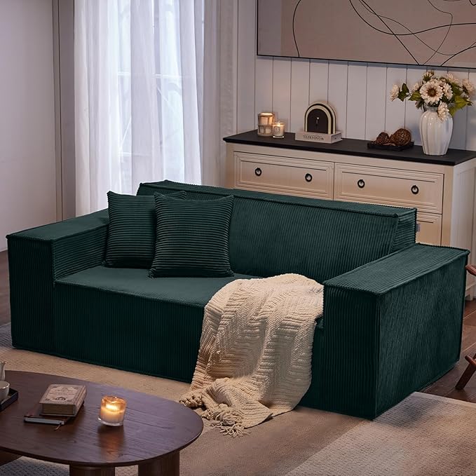 SUYOLS Corduroy Cloud Couch with Pillow, Premium Memory Foam, No Assembly Required, Deep Seat Sofa in Box, Space-Saving Chair for Home, Living Room, Bedroom, Apartment, Office, 3-Seater, Dark Green