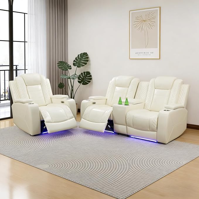 Power Reclining Sofa Set for Living Room, Leather Recliner Loveseat and Chair with Cup Holders, Storage Console for House/Home Teather(Loveseat and Chair, Cream)