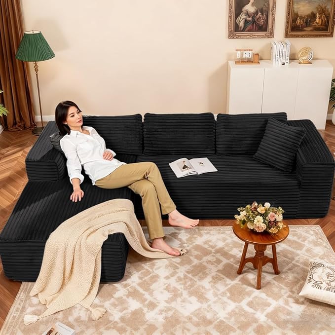 COMHOMA 105”Modular Sectional Sofa with Deep Seat,Cloud Upholstered L-Shape Couch Wide Arms Corduroy Fabric High-Density Foam Chaise Lounge for Living Room No Assembly Required