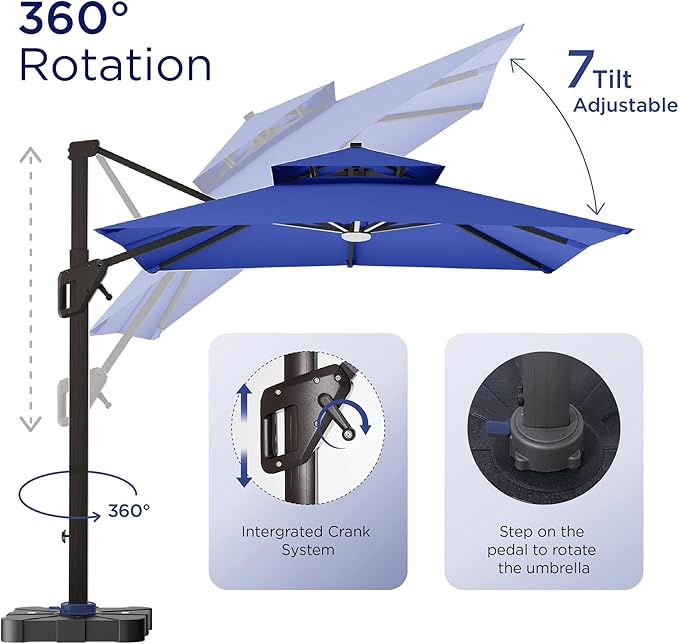 10' X 13' Patio Umbrella with LED Lights Outdoor Cantilever Large Rectangle Offset Umbrellas Heavy Duty Aluminum Double Top with 360-degree Rotation for Pool Garden Deck, Navy