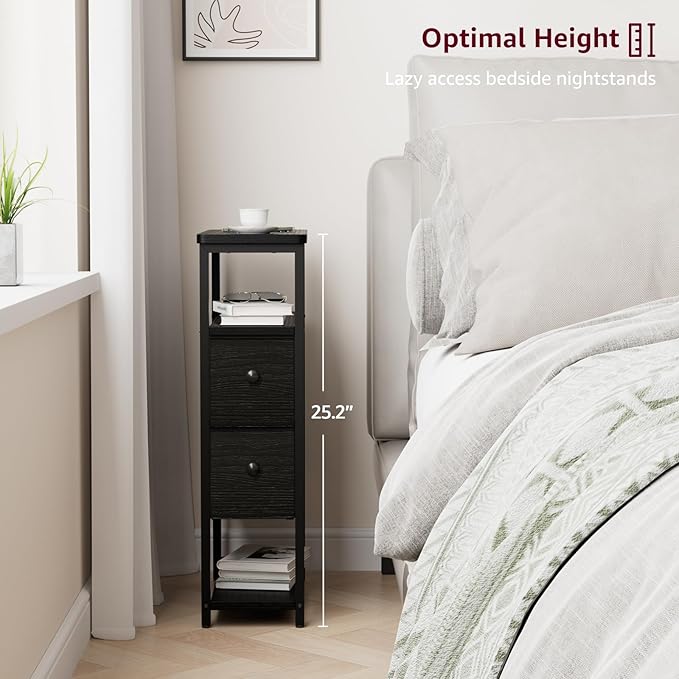 Narrow Nightstand Side Table - Skinny Night Stand for Small Space Bedroom Slim Bedsides Tables with 2 Drawers, Black