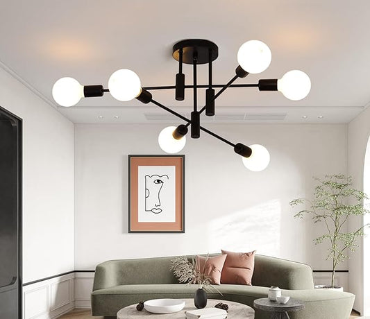 Garwarm Black Sputnik Ceiling Light Fixture, 6-Lights Semi Flush Mount Ceiling Light, Modern Kitchen Chandelier for Dining Room Bedroom Entryway Hallway