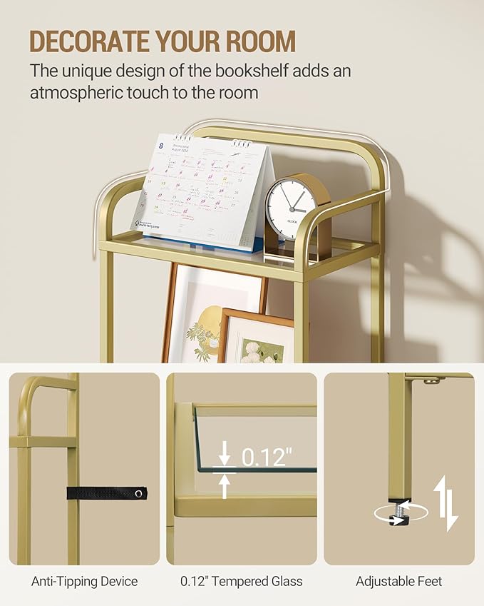 Bookshelf, Tall Narrow Bookcase with LED Lights, Tempered Glass Bookshelves with Steel Frame, Display Shelf, Slim Shelving Unit for Living Room, Bedroom, 9.6"D x 15.4"W x 55.9"H Gold BC34599G