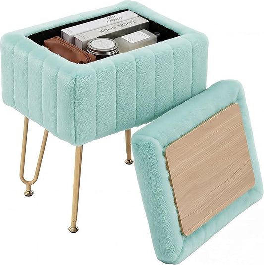 DUMOS Vanity Stool Chair with Storage, Small Ottoman Faux Fur Soft Padded Footstools Seat with 4 Metal Legs Anti-Slip Adjustable Feet Modern Footrest for Home Entryway Bedroom Makeup Mint