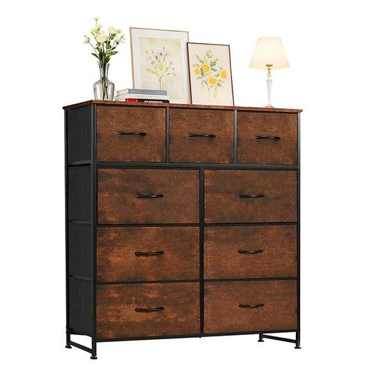 Dresser with 9 Drawers for Bedroom, Fabric Clothes Cabinet for Closet, Anti-Tip Storage Dresser with Metal Frame for Living Room, Entryway, Dorm, Brown