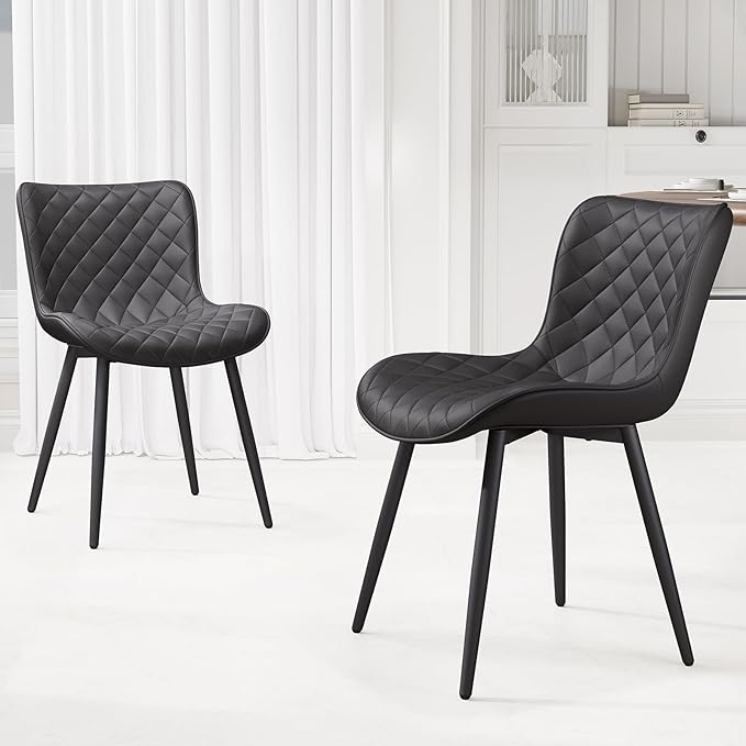 YOUTASTE Black Dining Chairs Set of 2, PU Leather Upholstered Mid-Century Modern Chair, with Thick Padded Back and Metal Legs, for Kitchen, Dining Room, Vanity, or Guest Waiting Room