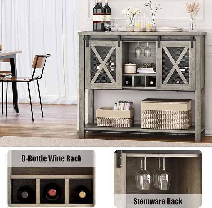 CABIHOME Coffee Bar Cabinet with Storage - Sliding Barn Door Kitchen Buffet, Wood Sideboard Console Cabinet with Wine Rack & Glass Holder for Living & Dining Room, Gray