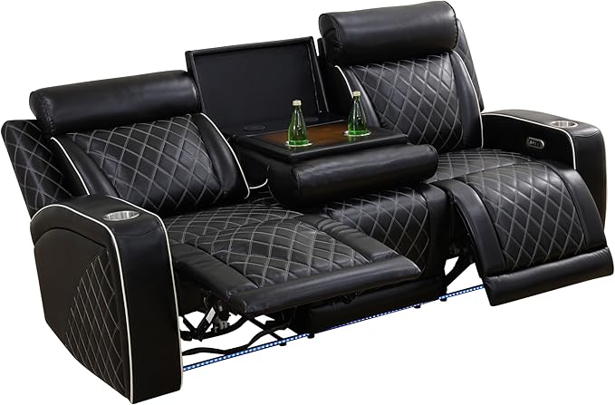 Breathing Leather Power Reclining Sofa, Living Room Furniture with 2 Recliners, 3 Seater Leather Couch with Flip-Down Table/USB Charging for Office/Home Theater (Black New, 3-Seat Sofa)