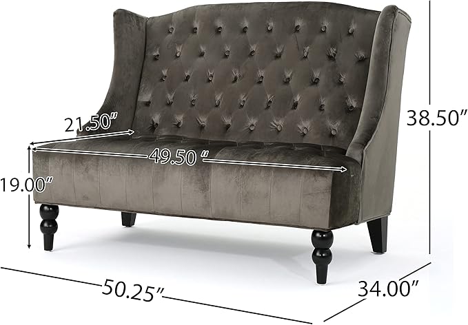 Modern Tufted Velvet Wingback Loveseat, Tufted Velvet 2 Seat Couch Sofas with High Back Thick Padded Cushioned Seats for Living Room, Victorian Style, Grey