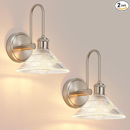 Wall Sconce Set of 2, Nickel Vintage Light Fixtures with Round Clear Glass Lampshade, Hardwired Sconces Wall Lighting for Bedroom, Bathroom, Living Room | Includes 2 LED Bulbs