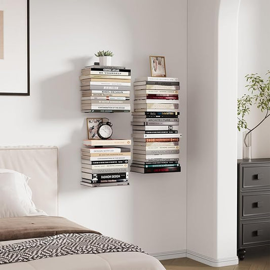 Invisible Bookshelf for Wall, 6 Tier Floating Bookshelf Made of Heavy Duty Metal, Vertical Spine Book Tower Hanging Wall Bookshelf, Floating Book Shelves for Wall, 3 Pack Black