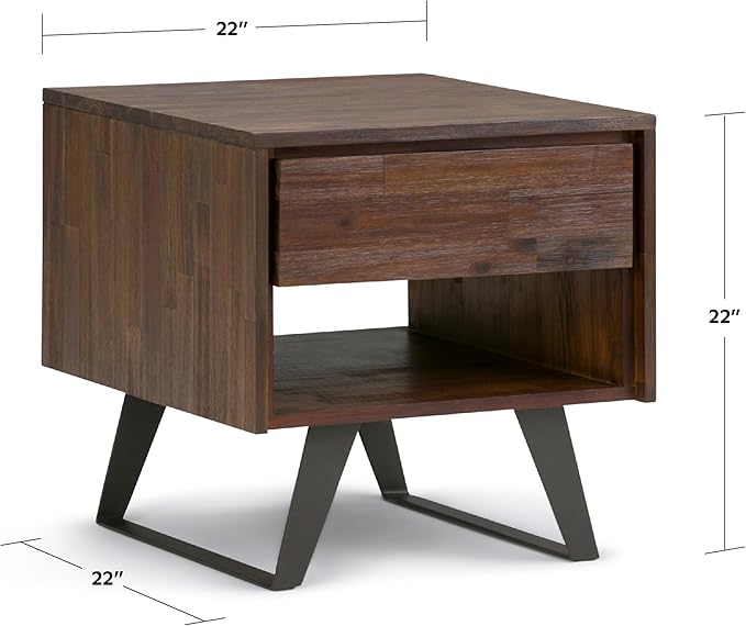 SIMPLIHOME Lowry End Table - 22 inch Wide Solid Acacia Wood Square Accent Table with Drawer and Open Shelf in Distressed Charcoal Brown, Modern Industrial Lamp Stand with Angled Legs for Living Room
