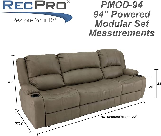 RecPro Charles 94" Powered Triple RV Wall Hugger Recliner | Drop Down Console | RV Furniture with Upgraded 2023 Fabric (Putty)