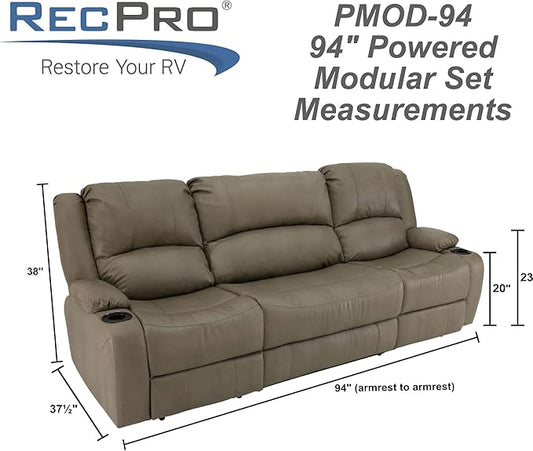 RecPro Charles 94" Powered Triple RV Wall Hugger Recliner | Drop Down Console | RV Furniture with Upgraded 2023 Fabric (Putty)