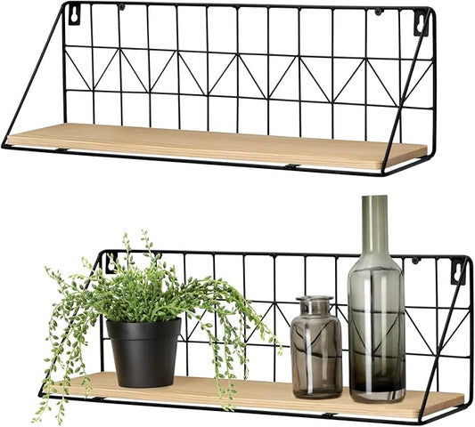 Mkono Floating Shelves Wall Mounted Set of 2 Rustic Wood Storage Display Shelf with Metal Wire Basket, Hanging Shelf for College Drom Room Bedroom Bathroom Living Room Kitchen Office, Beige,Medium