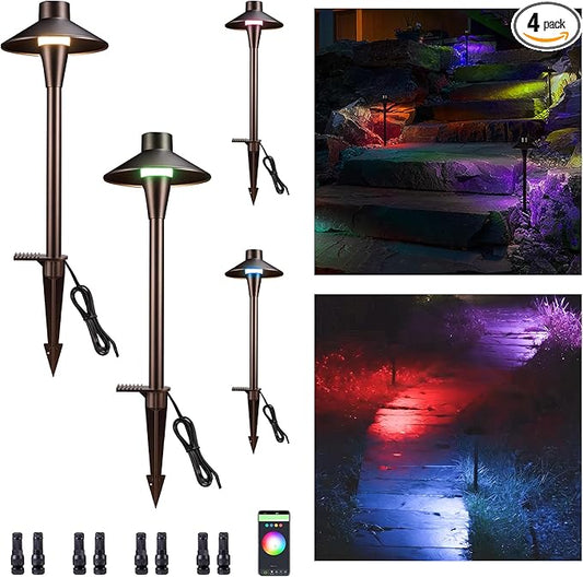 Chrisrmas Pathway Lights Smart, RGBCW Low Voltage Landscape Path Light 12V, Color Changing Walkway Lighting App Control, Outdoor LED Works with Alexa Aluminum ORB for Holiday Garden (4 Pack