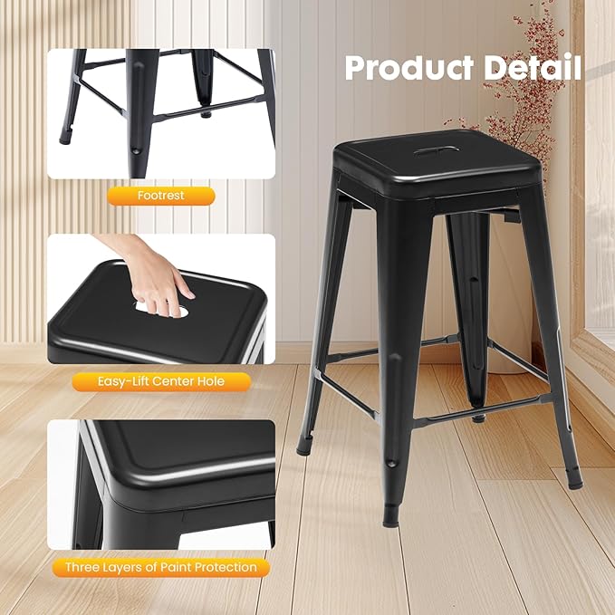 Sweetcrispy Metal Bar Stools Set of 8, 24 Inch Stackable Restaurant Classic Trattoria Metal Chairs, Backless Counter Height Barstool Chairs for Dining Room, Kitchen Island, Indoor Outdoor Use, Inky