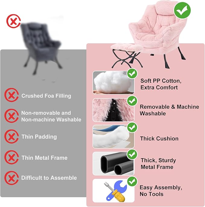 Lazy Chair with Ottoman, Modern Chair with Folding Footrest, Plush Pink Accent Chair, Comfortable Reading Chair, Oversized Armchairs for Bedroom, Study, Living Room, Courtyard
