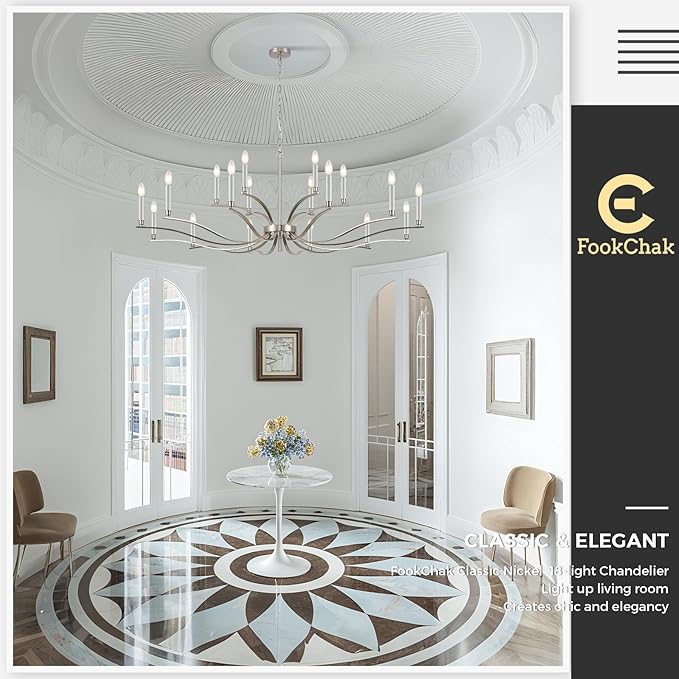 18 Light Nickel Living Room Chandelier High Ceiling Foyer Candle Chandelier Large Modern 59in Metal Chandeliers Hanging Light for Master Bedroom Dining Room Light Fixture Over Table