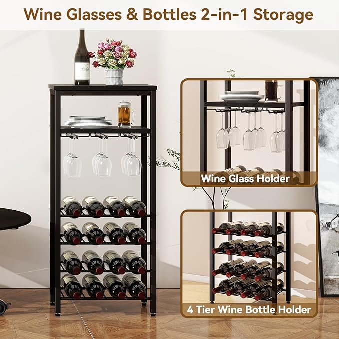 IBUYKE Wine Racks Freestanding Floor,Liquor Bottle Holder,16 Bottles Wine Cabinet with Glass Holder,Wine Holder Display,Mini Wine Bar Table for Living Room,Kitchen Pantry,Dining Room,Black UTMJ907B