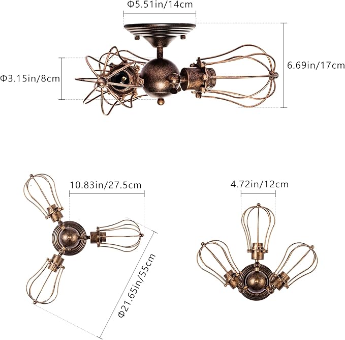 Vintage Ceiling Light Industrial Rotatable Semi-Flush Mount Ceiling Light Metal Lamp Fixtures Painted Finish (with 3 Light) (Bronze)