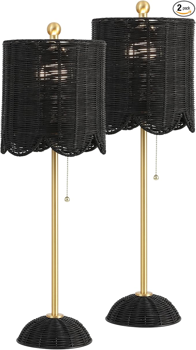 JONATHAN Y 27.5" Black/Brass Gold Coastal Buffet Table Lamp Set of 2 for Bedroom, Boho Table Lamps with Natural Rattan Scalloped Shade, Pull Chain, LED Bulbs Included (JYL1138C-SET2)