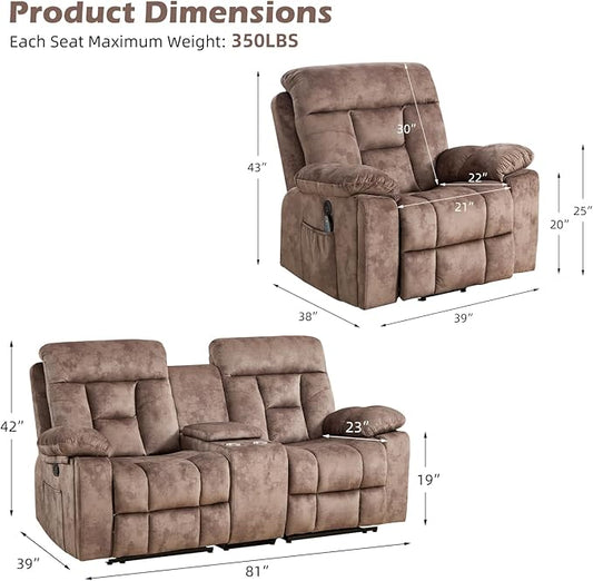 CANMOV Recliner Sofa Set, Power Lift Recliner with Massage&Heat and Loveseat Set, Reclining Sofa with Storage Console,Hidden Cup Holders, for Living Room, Camel-Brown